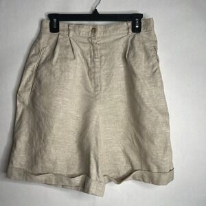 Vtg TALBOTS Beige Pleated Cuffed Hem‎ 100% Linen Shorts Women's 28" Sz 12 Preppy